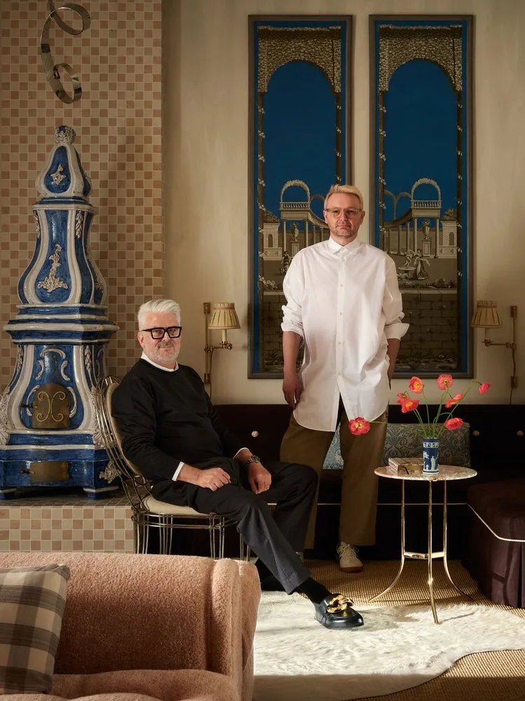 Mark and Mikal Eckström pose in Mr. Trotter's Drawing Room at the 2025 Kips Bay Show House in Dallas